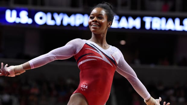 American gymnast Gabby Douglas competes during the floor exercise at the 2016 Rio Olympics.
